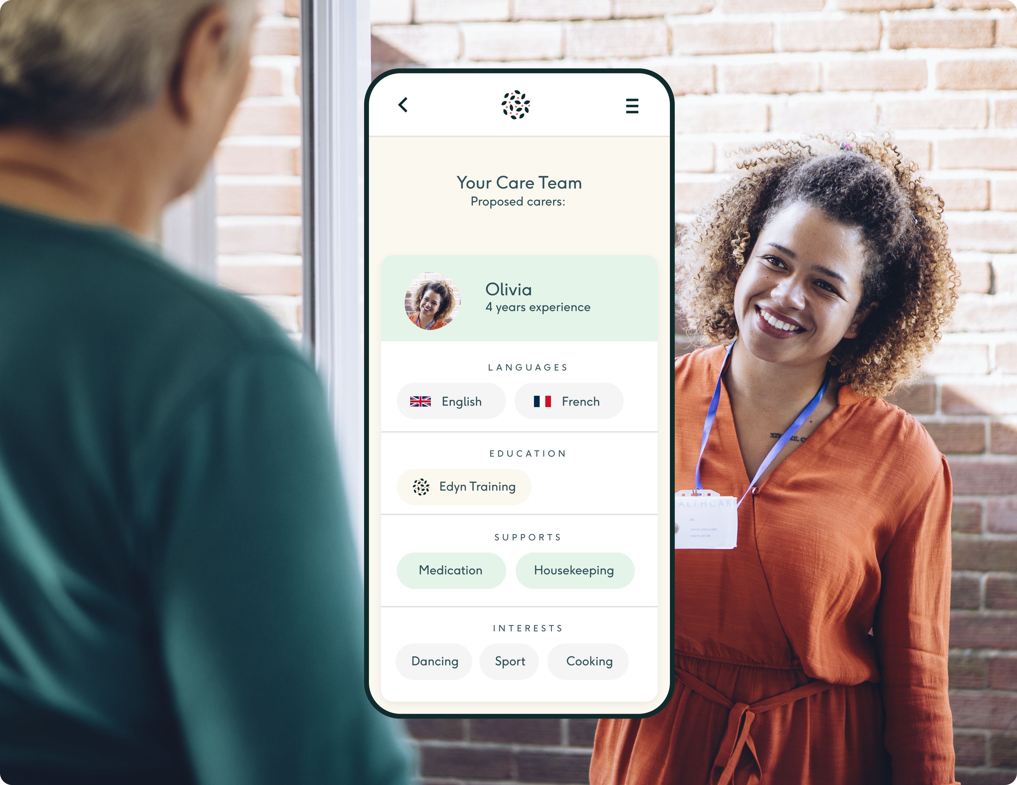 Edyn care app showing proposed carers and their profile details