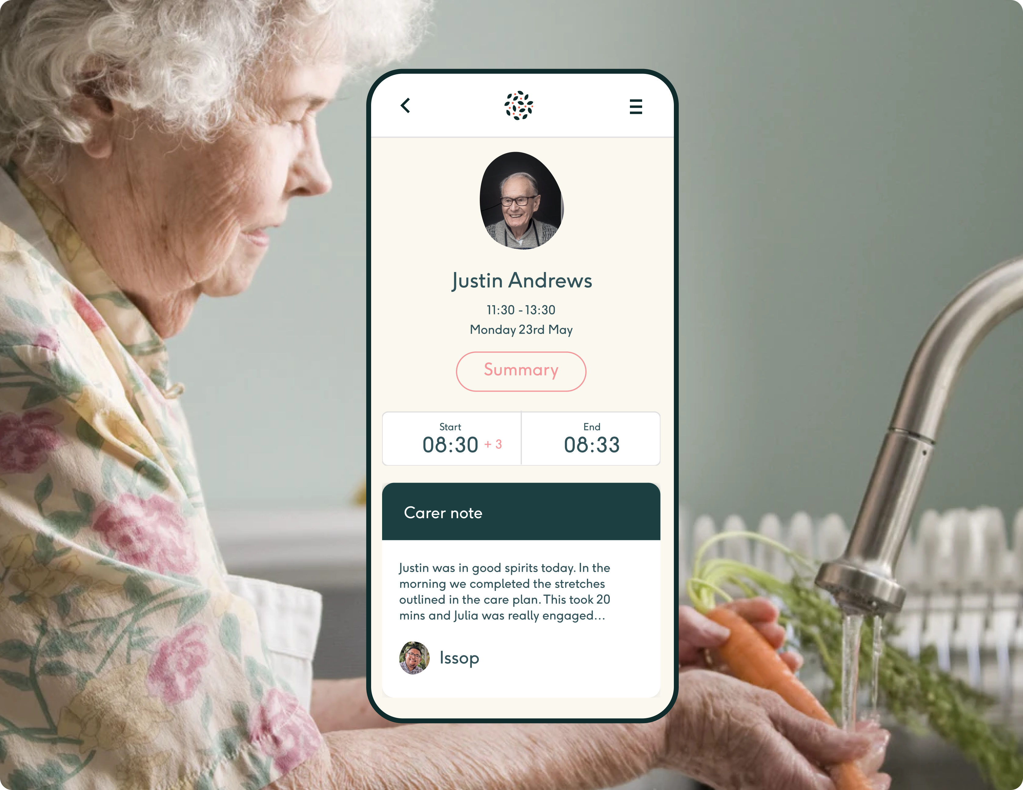 An older woman at home beside Edyn's digital visit summary